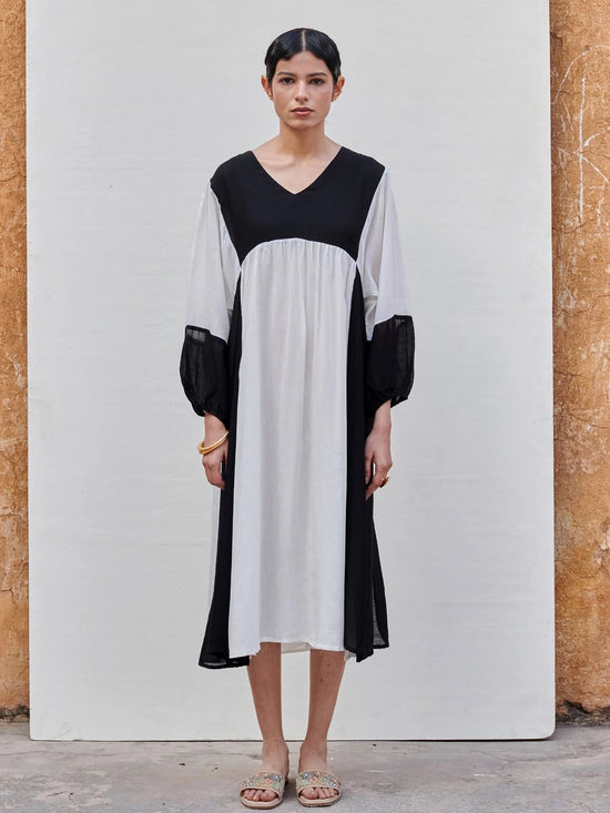 White & Black Linen V-Neck Dress For Women's