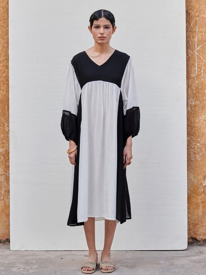 White & Black Linen V-Neck Dress For Women's
