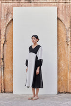 White & Black Linen V-Neck Dress For Women's