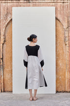 White & Black Linen V-Neck Dress For Women's