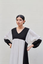 White & Black Linen V-Neck Dress For Women's
