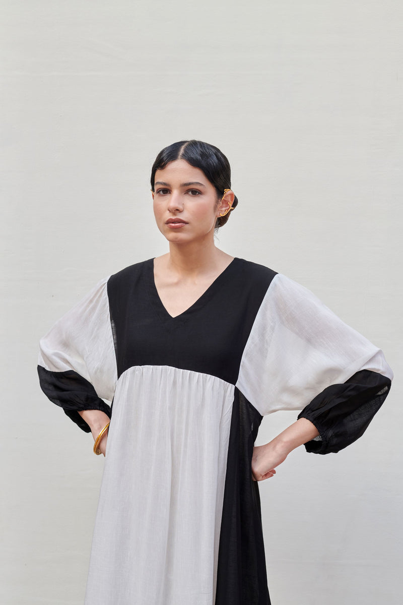 White & Black Linen V-Neck Dress For Women's