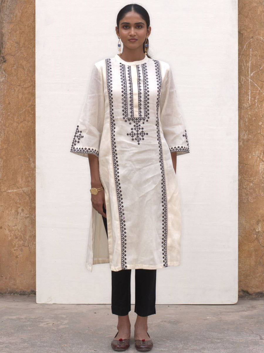 White Cotton Flax Kurta For Women's