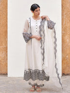 White Kurta & Dupatta Kota Doriya Pant-Cotton Round Neck Full Set For Women's