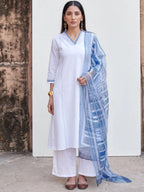 White Cotton Flax V-Neck Kurta For Women's