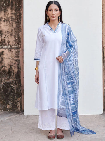 White Cotton Flax V-Neck Kurta For Women's