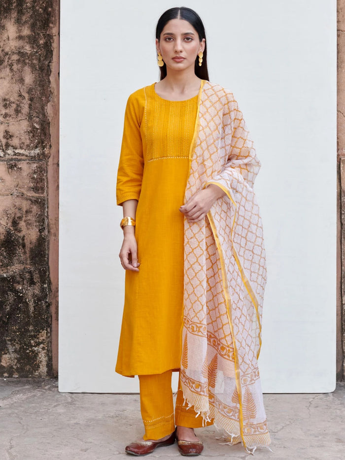Mustard Yellow Cotton Slub Round Neck Kurta Pant Set For Women's
