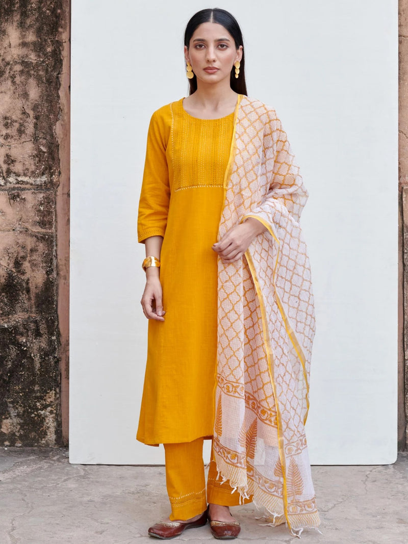 Mustard Yellow Cotton Slub Round Neck Kurta Pant Set For Women's