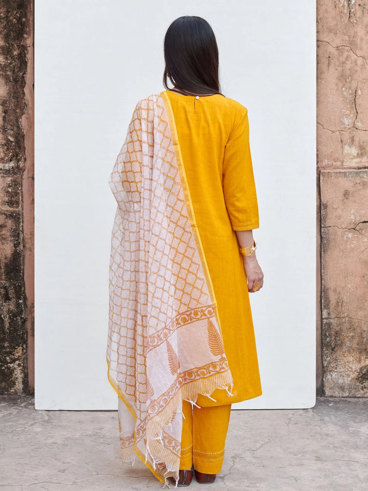 Mustard Yellow Cotton Slub Round Neck Kurta Pant Set For Women's