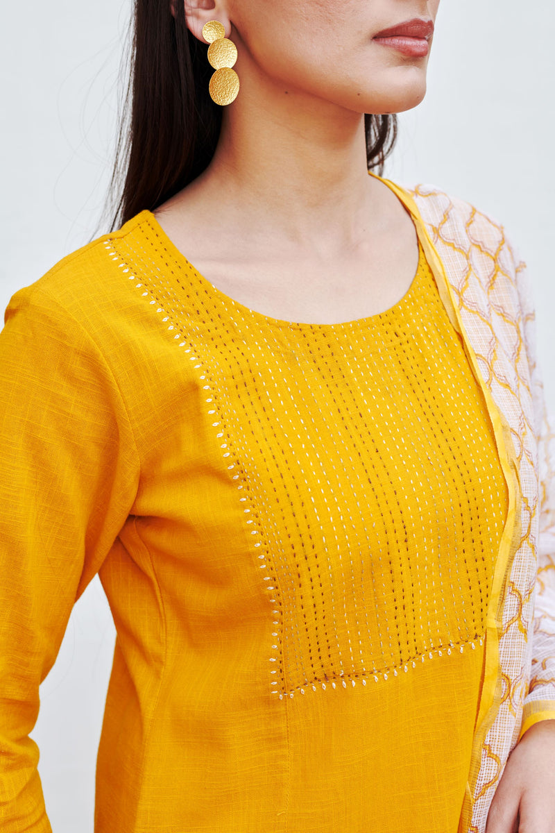 Mustard Yellow Cotton Slub Round Neck Kurta Pant Set For Women's