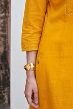 Mustard Yellow Cotton Slub Round Neck Kurta Pant Set For Women's
