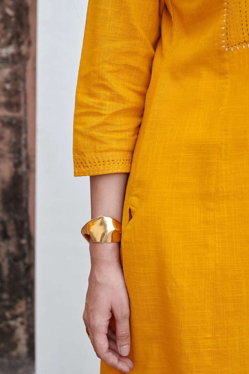 Mustard Yellow Cotton Slub Round Neck Kurta Pant Set For Women's