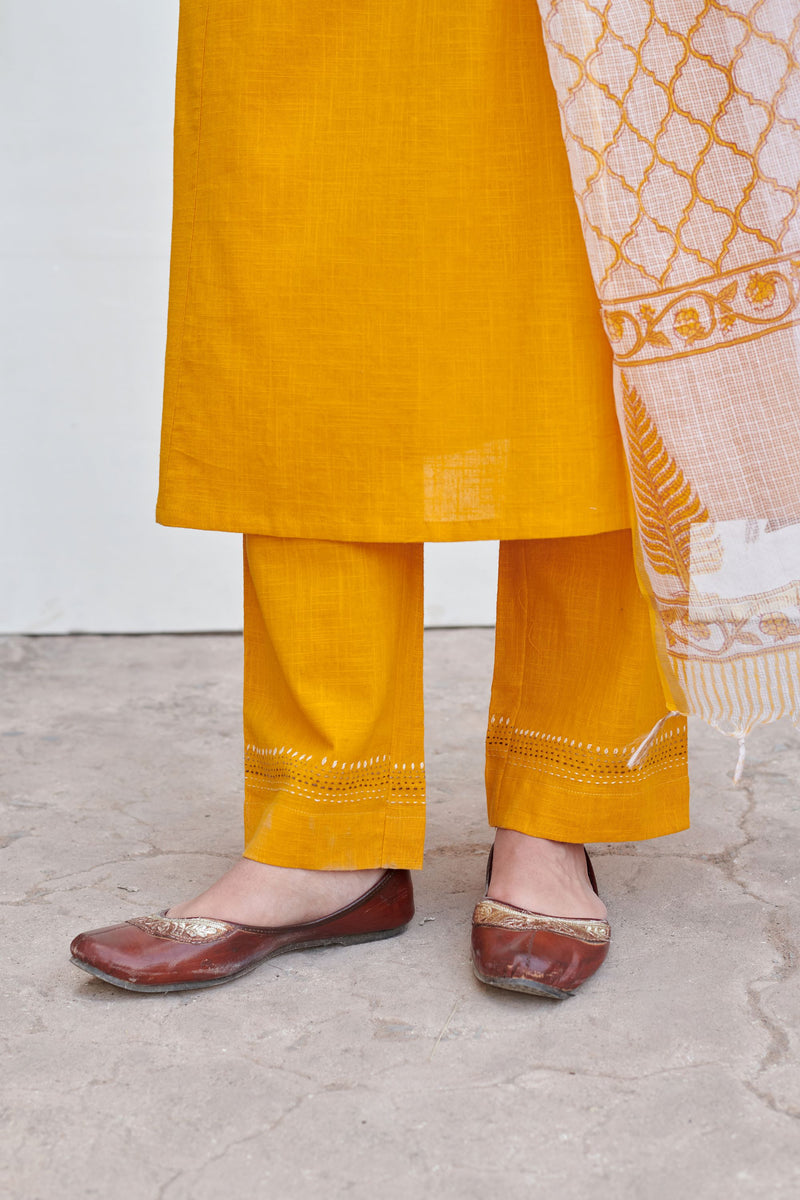 Mustard Yellow Cotton Slub Round Neck Kurta Pant Set For Women's
