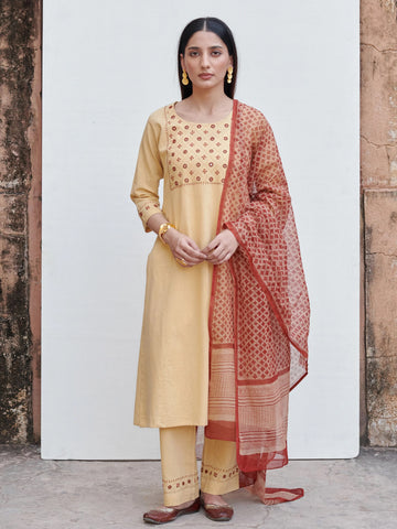 Warm Mustard Yellow Cotton Flax Kurta Pant Set