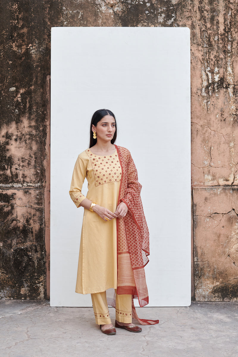 Warm Mustard Yellow Cotton Flex Kurta Pant Set