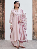 Light Pink Cotton Flax Round Neck Kurta Pant Set For Women's