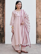Light Pink Cotton Flax Round Neck Kurta Pant Set For Women's
