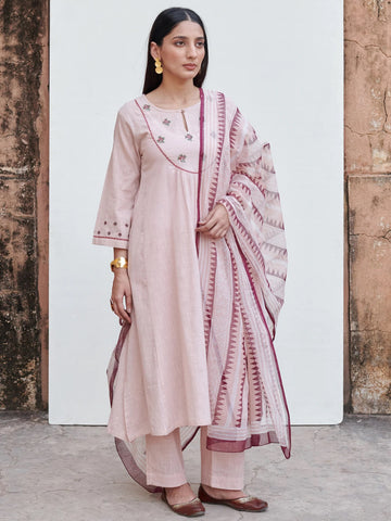 Light Pink Cotton Flax Round Neck Kurta Pant Set For Women's