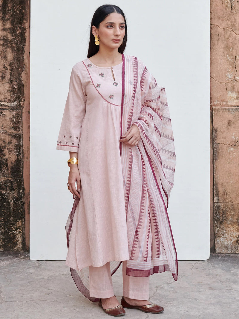 Light Pink Cotton Flex Round Neck Kurta Pant Set For Women's