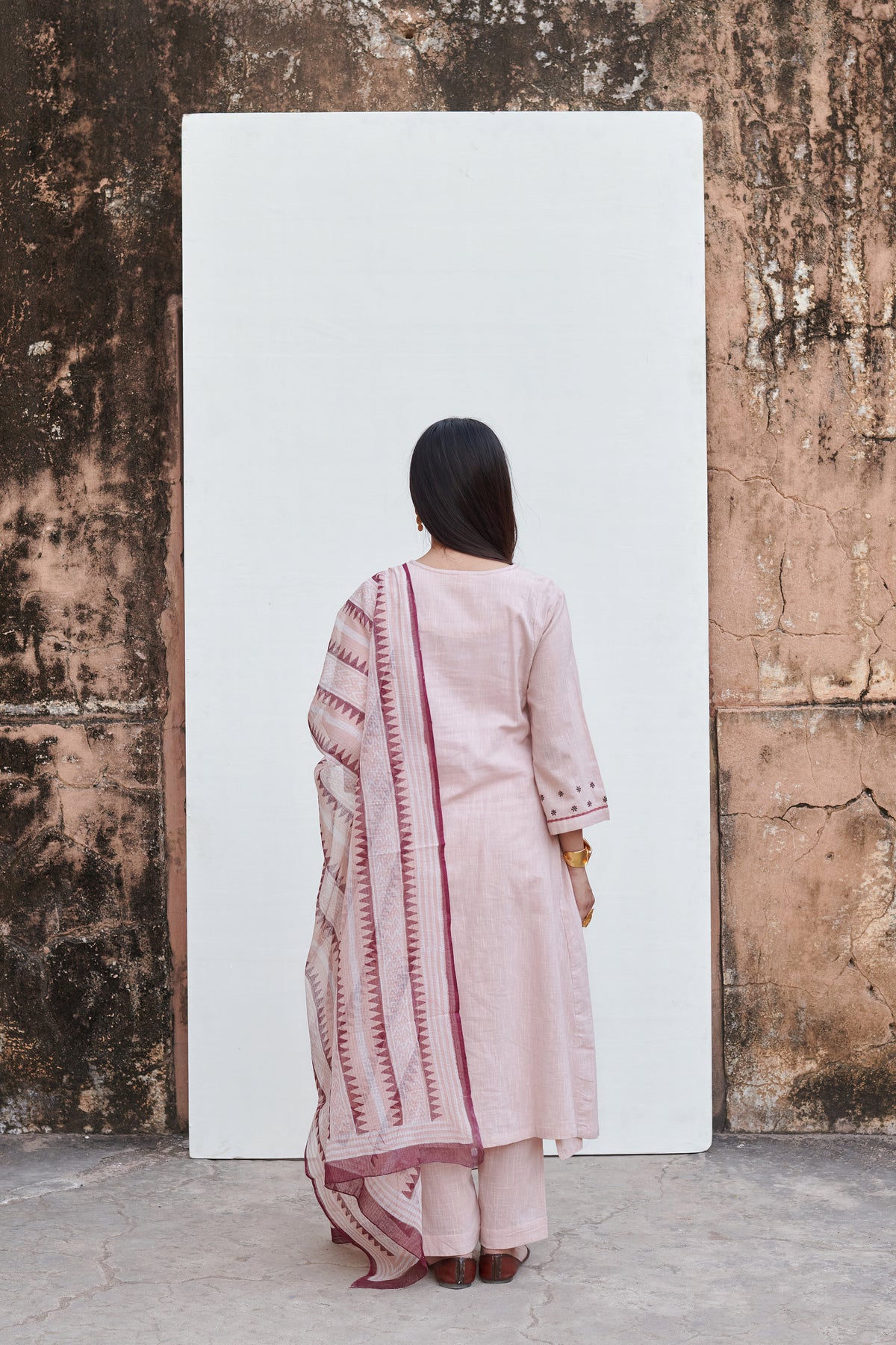Light Pink Cotton Flax Round Neck Kurta Pant Set For Women's