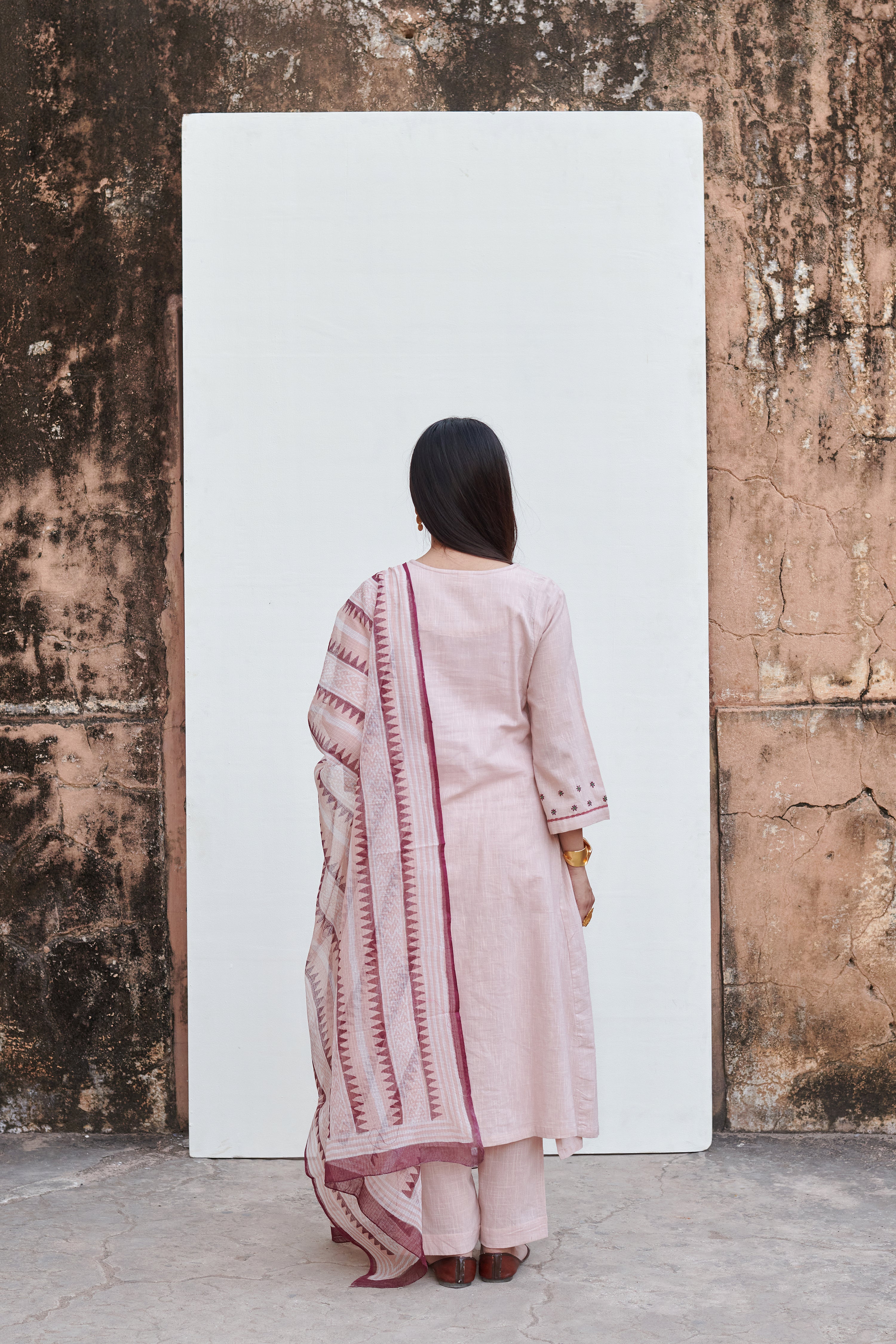 Light Pink Cotton Flax Round Neck Kurta Pant Set For Women's