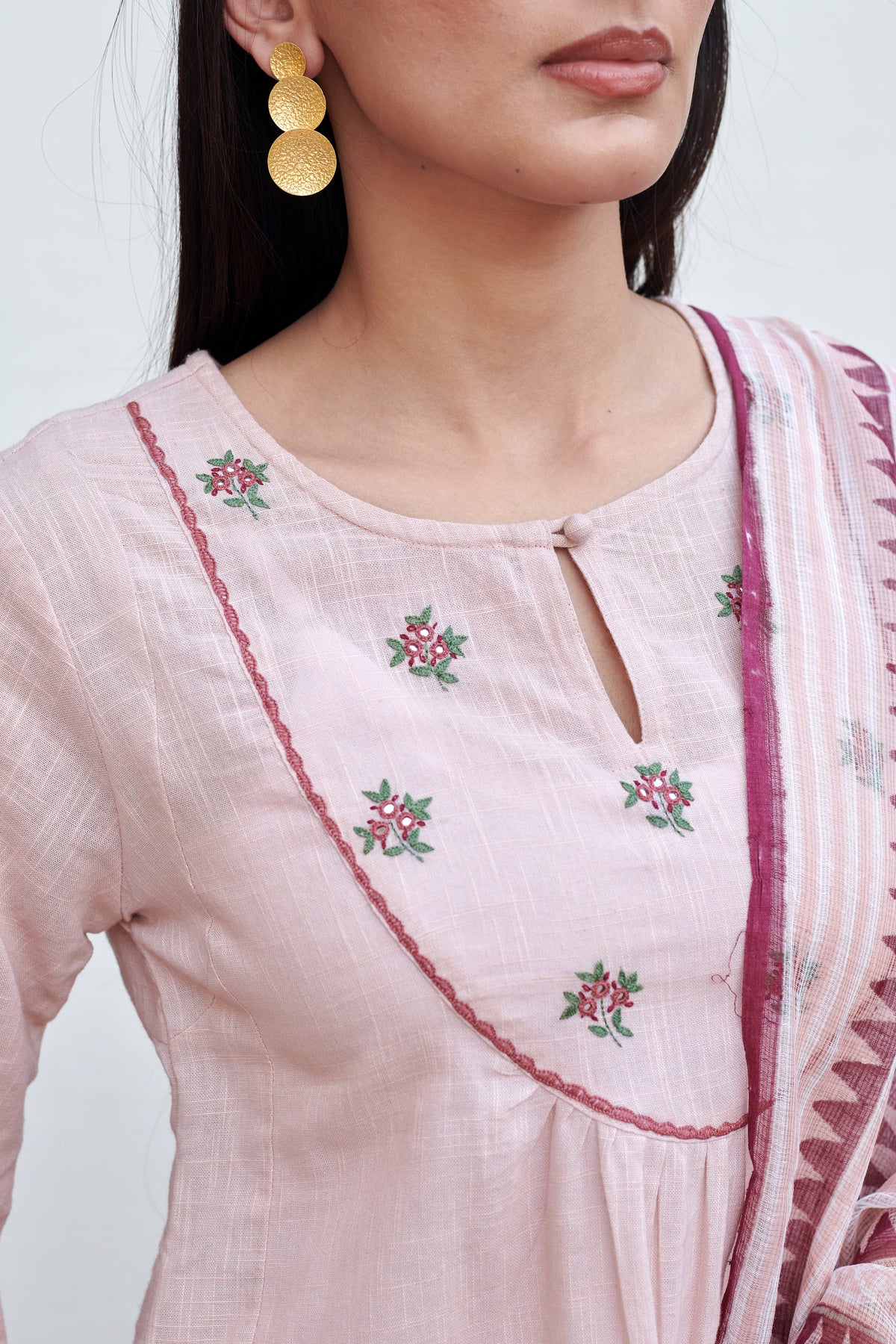 Light Pink Cotton Flax Round Neck Kurta Pant Set For Women's
