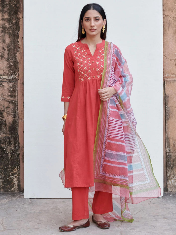 Light Coral Cotton Kurta Slub Pant Set For Women's