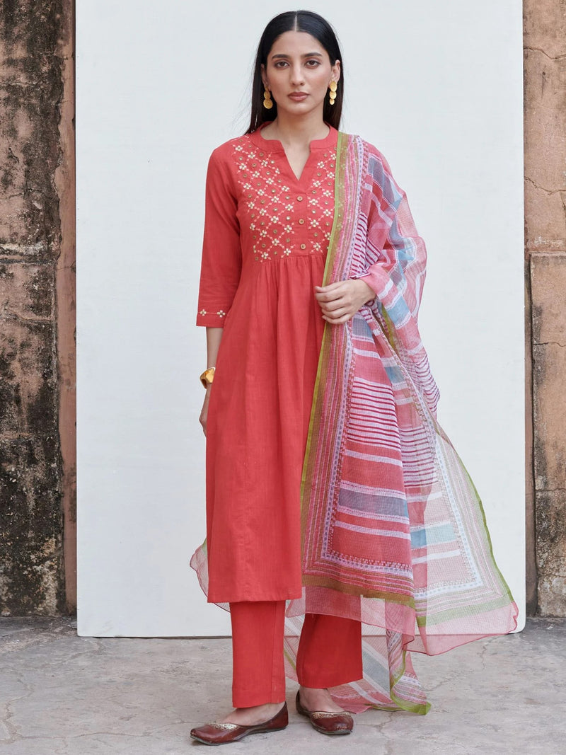 Light Coral Cotton Kurta Slub Pant Set For Women's