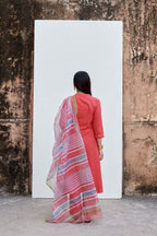 Light Coral Cotton Kurta Slub Pant Set For Women's