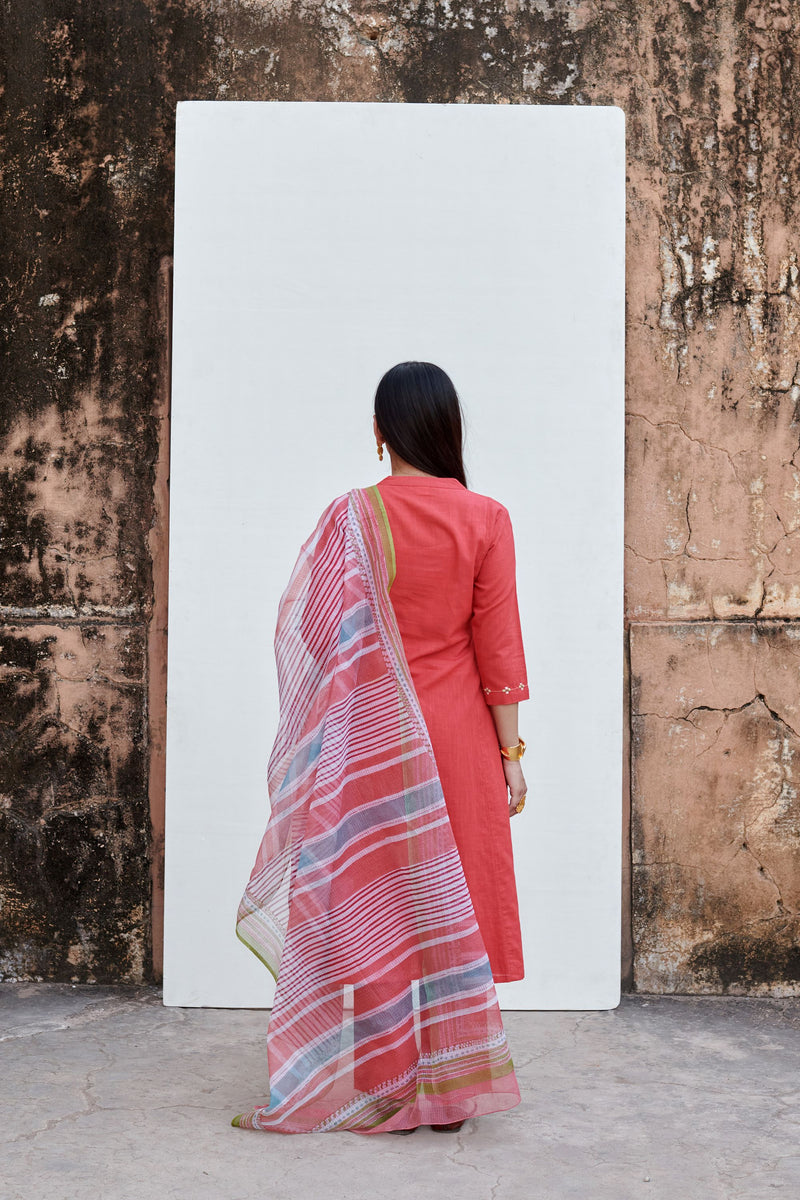 Light Coral Cotton Kurta Slub Pant Set For Women's