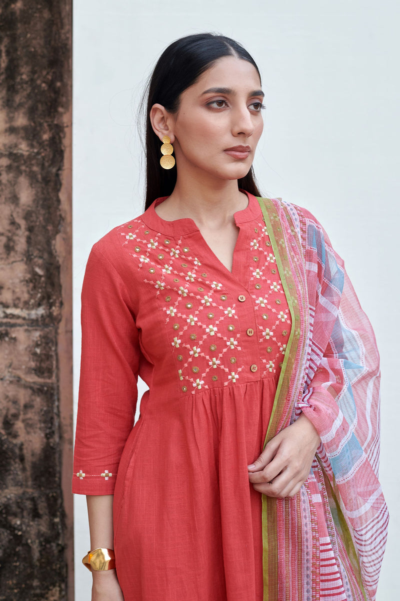 Light Coral Cotton Kurta Slub Pant Set For Women's