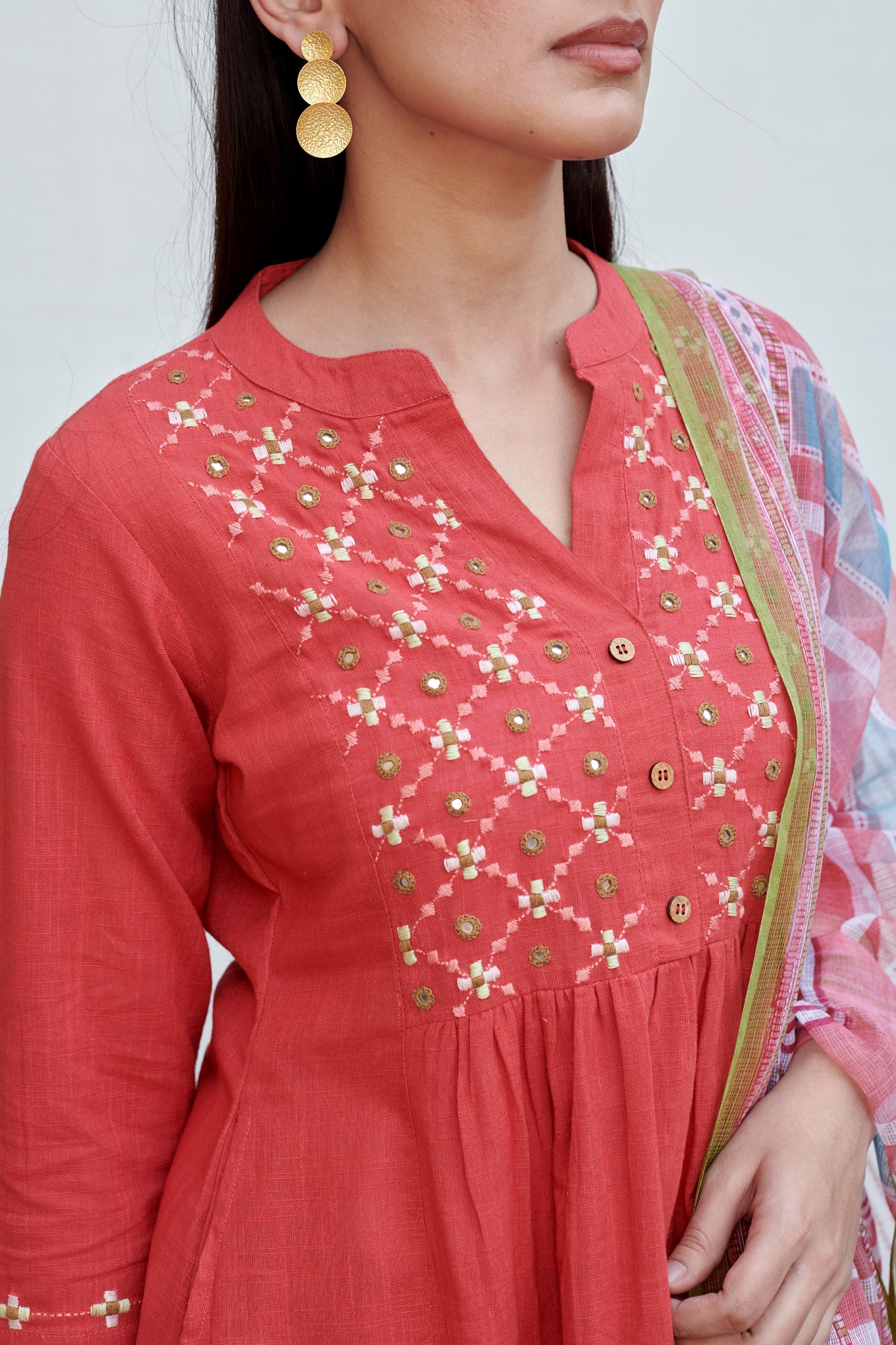 Light Coral Cotton Kurta Slub Pant Set For Women's