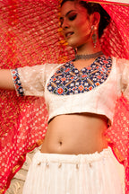 White & Red Lehenga Choli with Dupatta