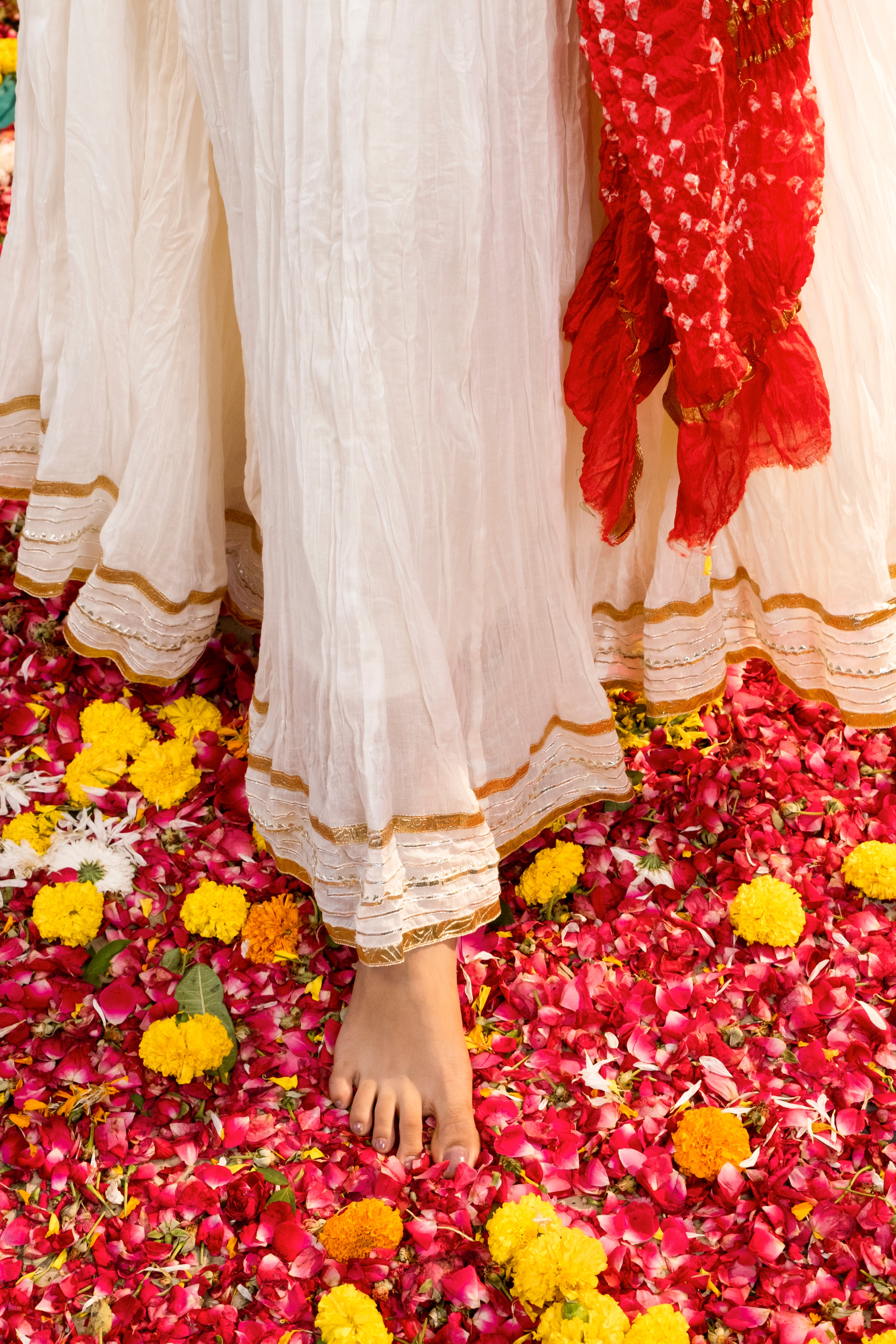 White & Red Lehenga Choli with Dupatta
