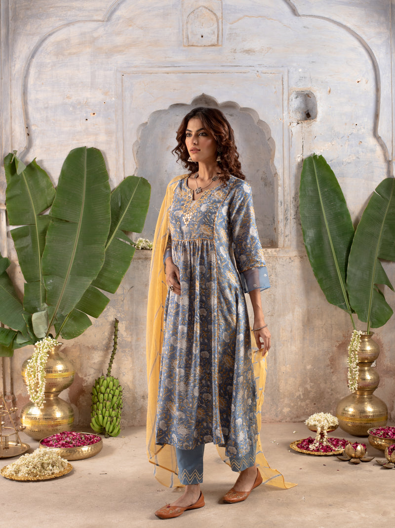 BLUE KURTA PALAZZO MODAL WITH ROUND NECK FULL SET