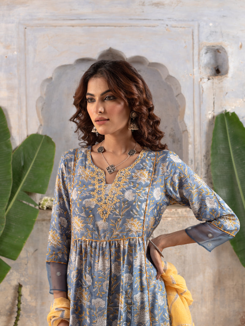 BLUE KURTA PALAZZO MODAL WITH ROUND NECK FULL SET