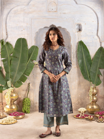 Steel Gray Chanderi Silk Kurta Pant Set For Women's
