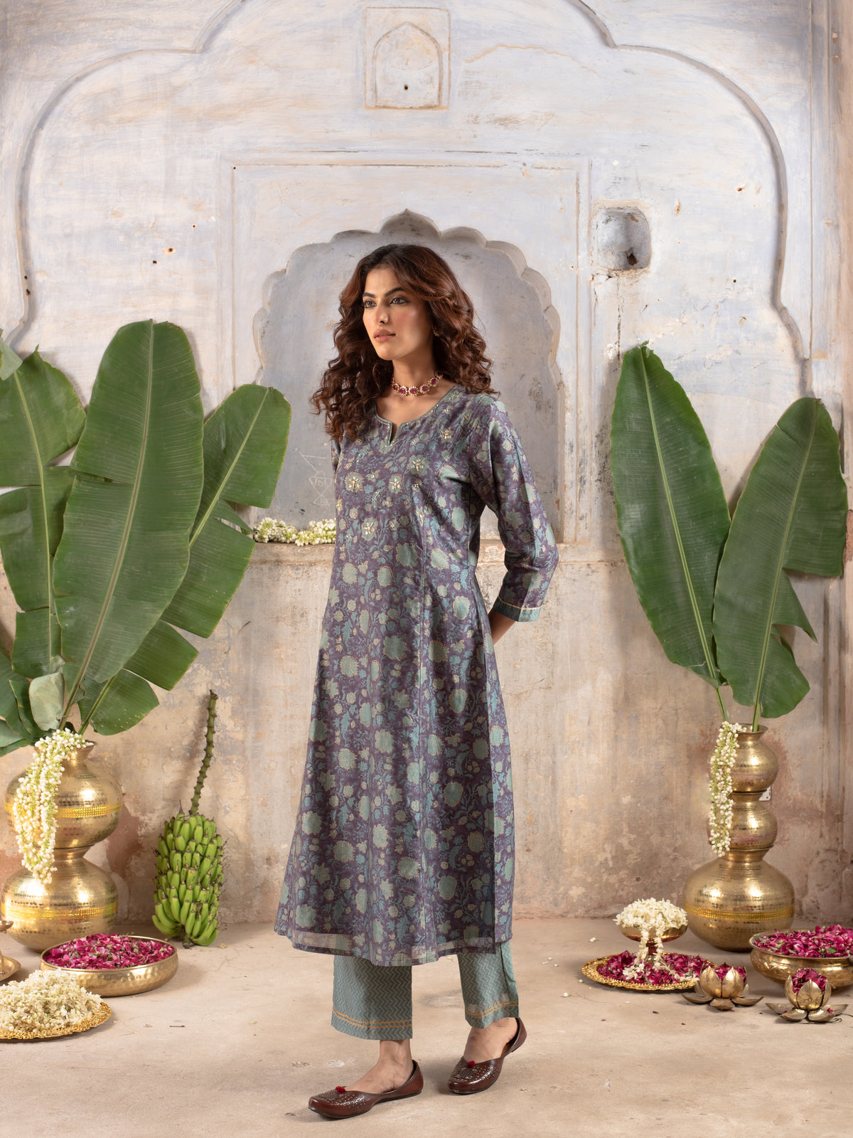 Steel Gray Chanderi Silk Kurta Pant Set For Women's