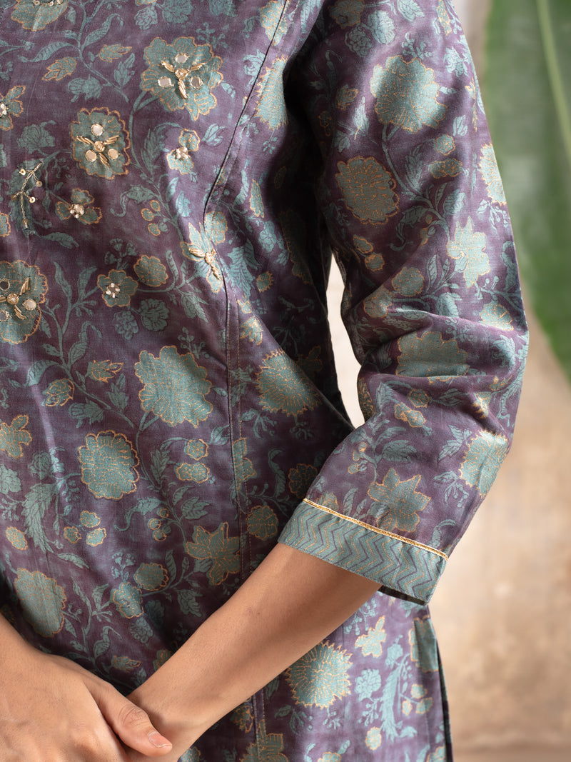 Steel Grey Chanderi Silk Kurta Pant Set For Women's