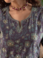Steel Gray Chanderi Silk Kurta Pant Set For Women's