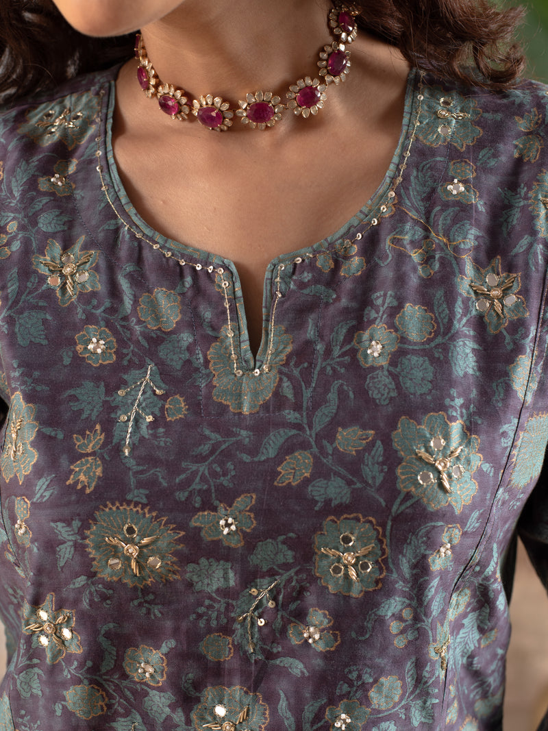 Steel Grey Chanderi Silk Kurta Pant Set For Women's