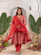 Red Cotton Angrakha Design Kurta Dupatta Set(Pant Not Included)