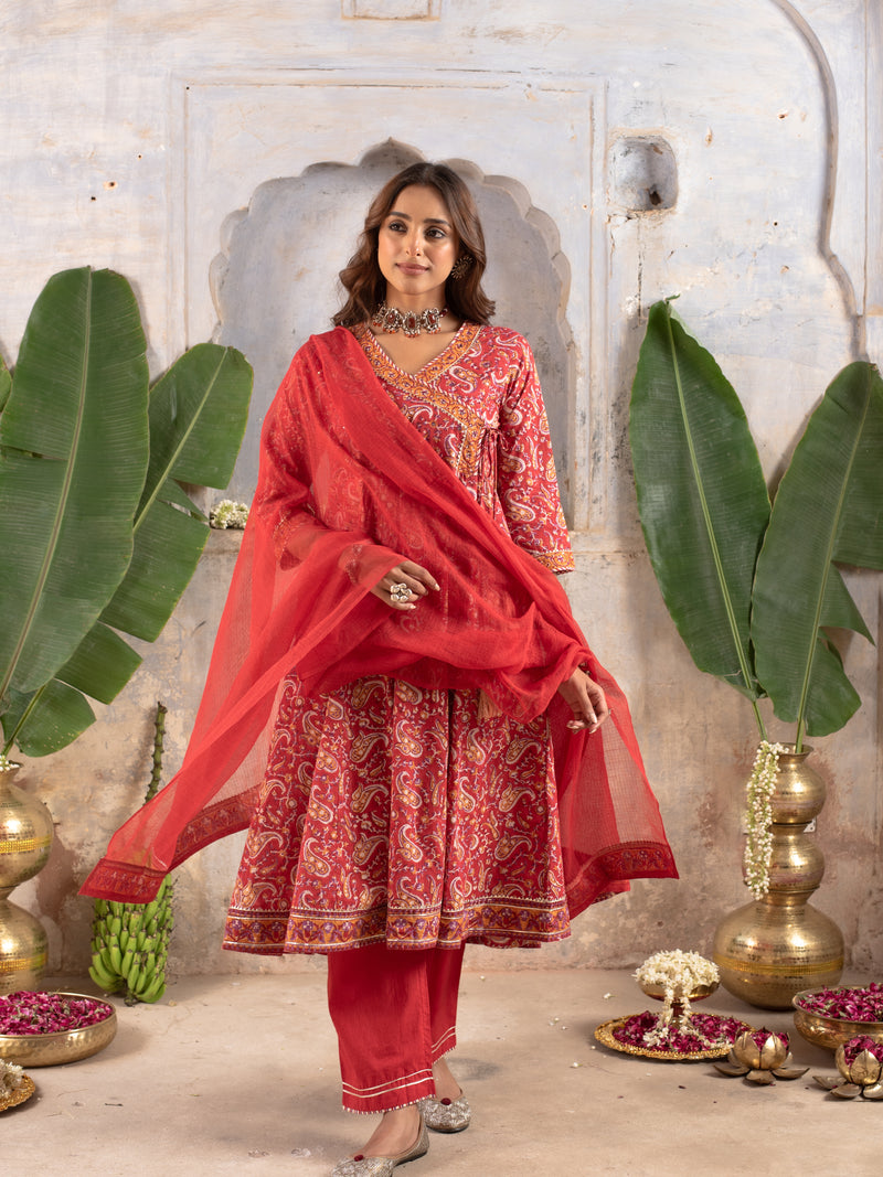 Red Cotton Angrakha Design Kurta Dupatta Set For Women's