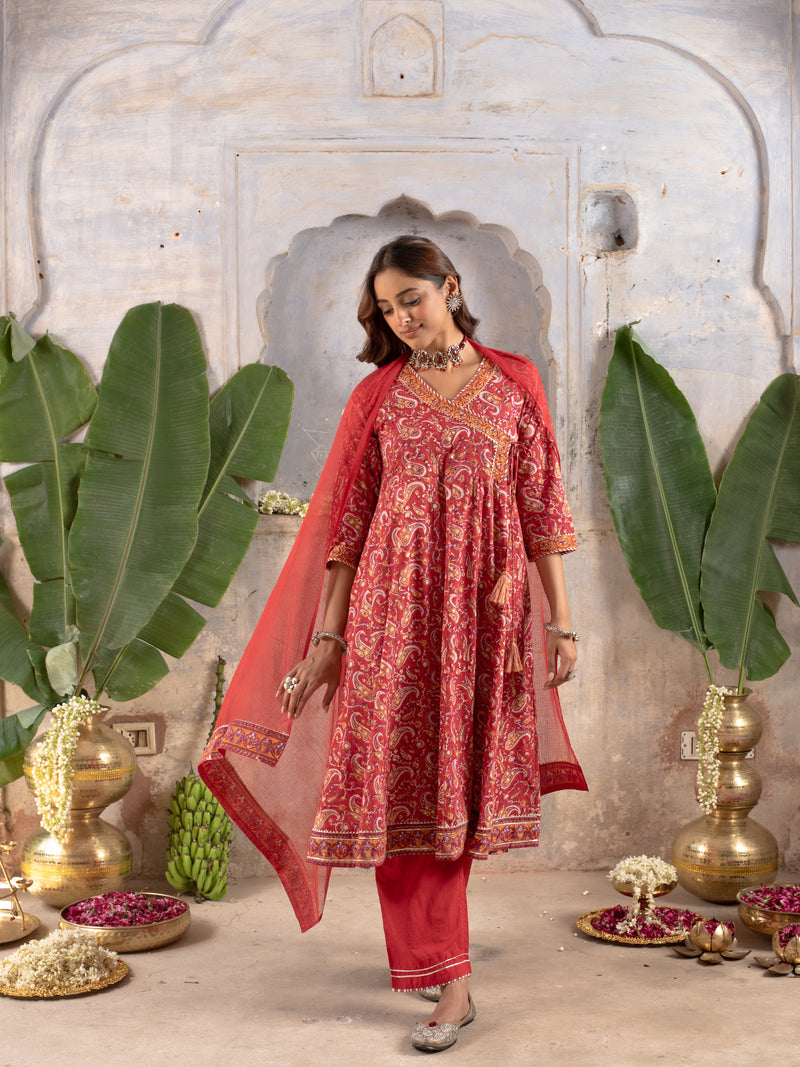 Red Cotton Angrakha Design Kurta Dupatta Set For Women's