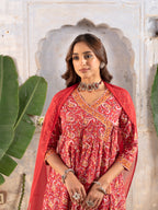 Red Cotton Angrakha Design Kurta Dupatta Set(Pant Not Included)