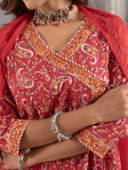 Red Cotton Angrakha Design Kurta Dupatta Set(Pant Not Included)
