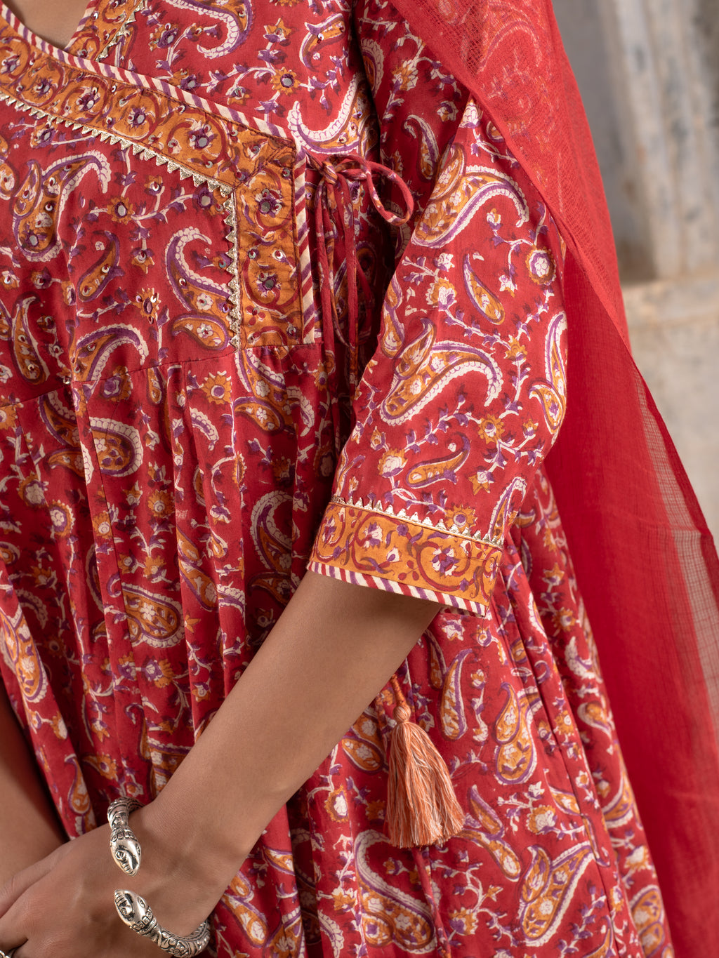 Red Cotton Angrakha Design Kurta Dupatta Set(Pant Not Included)