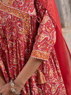 Red Cotton Angrakha Design Kurta Dupatta Set(Pant Not Included)