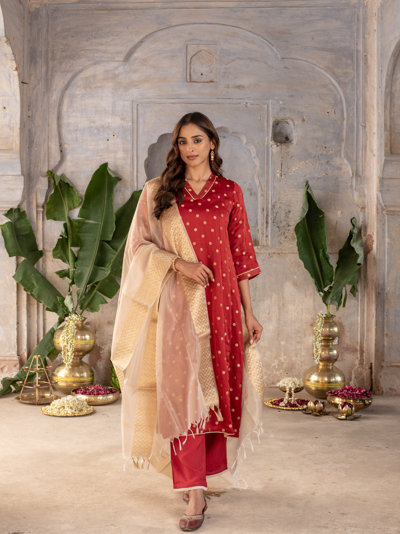 Maroon kurta-Organza Satin Zari, Lower-Muslin V-Neck Kurta Pant Foe Women's