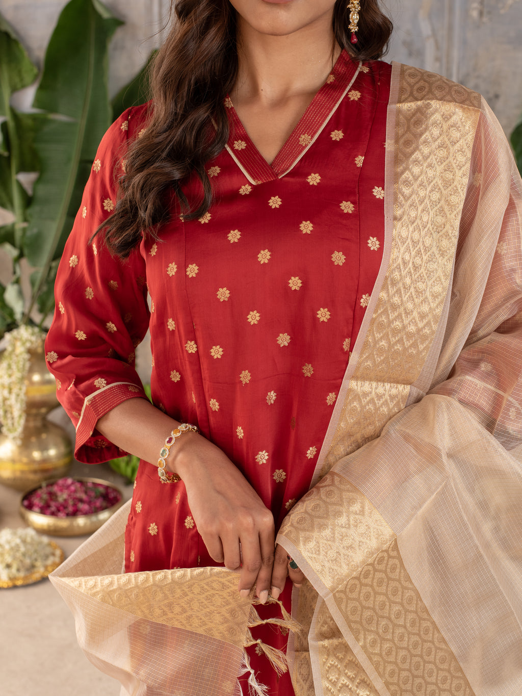 Maroon kurta-Organza Satin Zari, Lower-Muslin V-Neck Kurta Pant